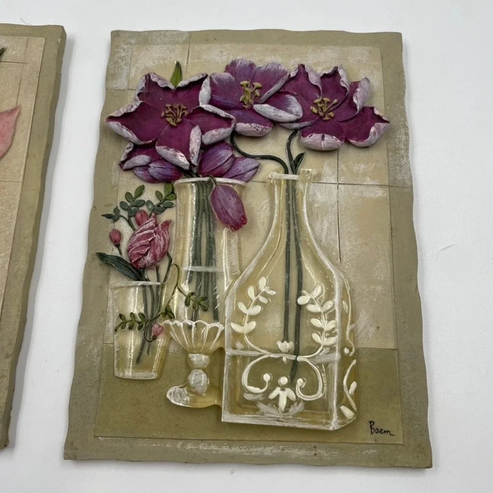 Baem Signed 3D Floral Relief Wall Plaques Set of 2 Calla Lily Purple Flowers 7in
